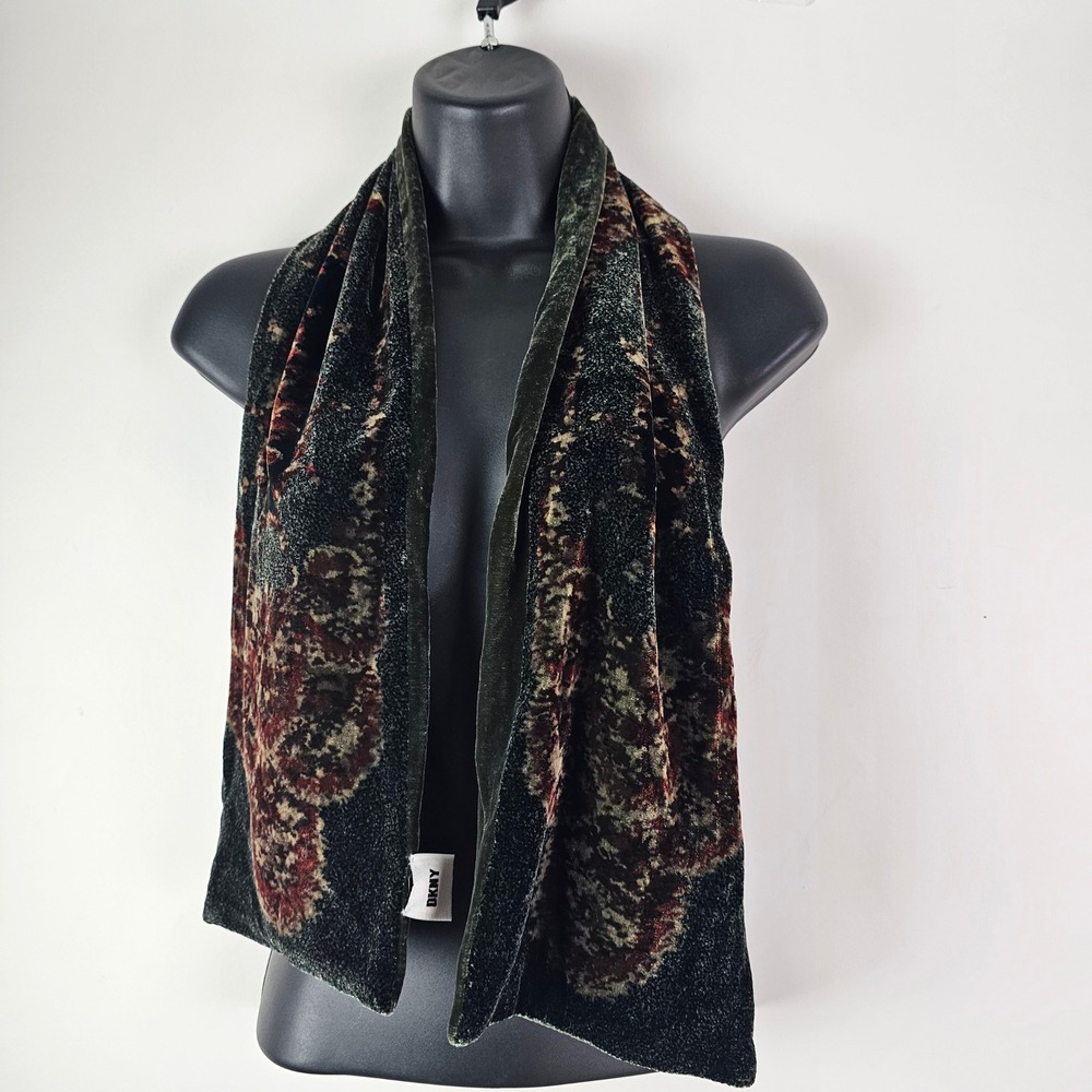 DKNY Womens Velvet Scarf Dark Green Floral Paisley Burnout Rectangular Scarf